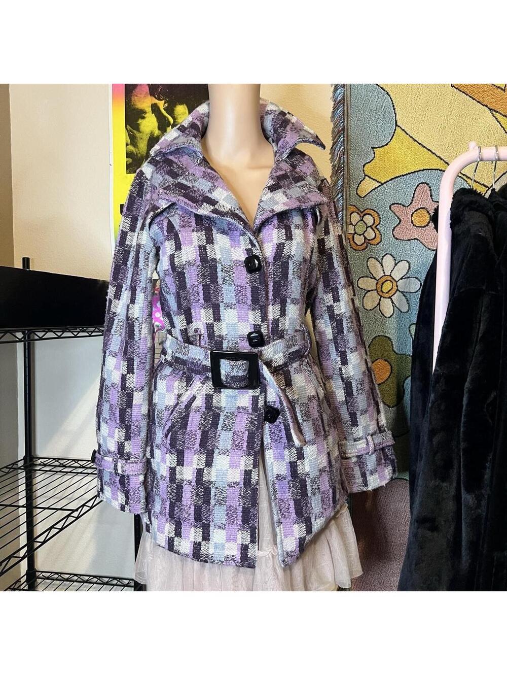 Vintage First Kiss Purple Plaid Belted Trench Coat